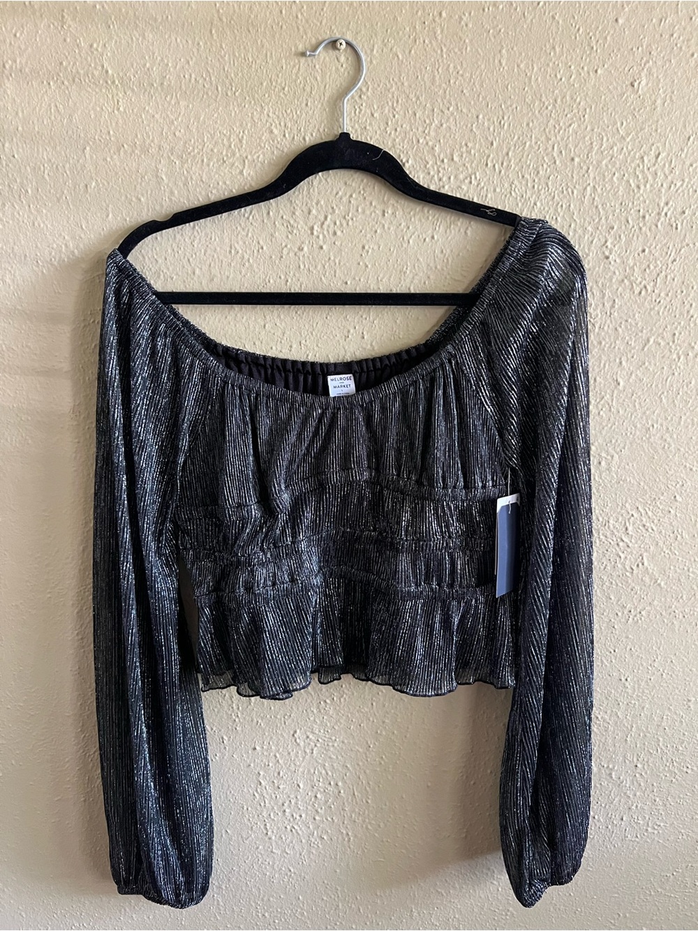 Melrose and Market Metallic Silver Black Long-Sleeve Smocked Crop Top